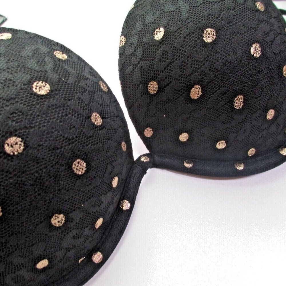 VICTORIA'S SECRET PINK Super Push Up Bra VS Black Gold Polka Dot 34C 36B 36C
